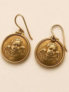 Rare Vintage Bottega Veneta Cherub 925 Gold-Tone Medallion Earrings/Pouch /Italy